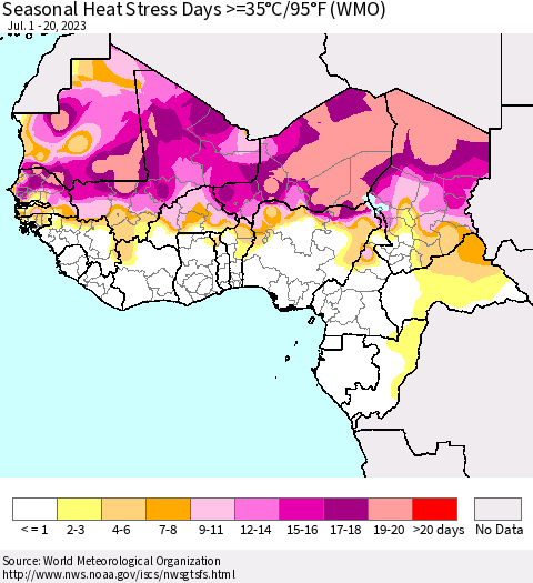 Western Africa Seasonal Heat Stress Days >=35°C/95°F (WMO) Thematic Map For 7/1/2023 - 7/20/2023