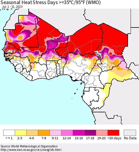 Western Africa Seasonal Heat Stress Days >=35°C/95°F (WMO) Thematic Map For 7/1/2023 - 7/31/2023