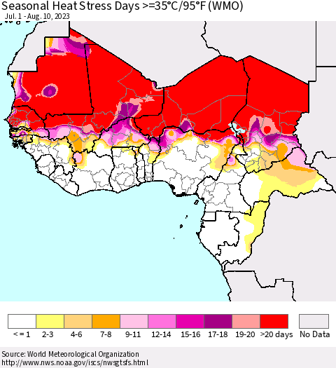 Western Africa Seasonal Heat Stress Days >=35°C/95°F (WMO) Thematic Map For 7/1/2023 - 8/10/2023