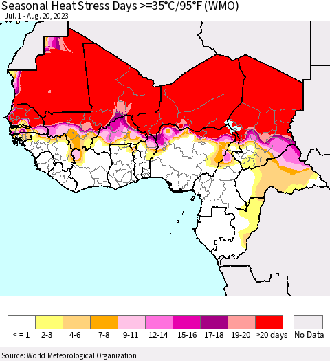 Western Africa Seasonal Heat Stress Days >=35°C/95°F (WMO) Thematic Map For 7/1/2023 - 8/20/2023