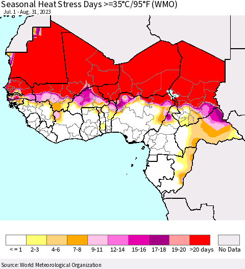 Western Africa Seasonal Heat Stress Days >=35°C/95°F (WMO) Thematic Map For 7/1/2023 - 8/31/2023