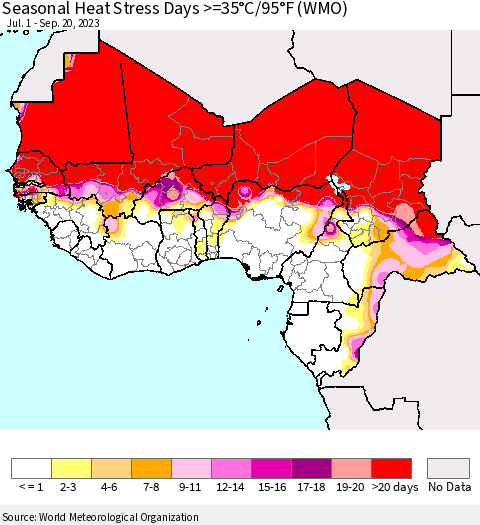 Western Africa Seasonal Heat Stress Days >=35°C/95°F (WMO) Thematic Map For 7/1/2023 - 9/20/2023