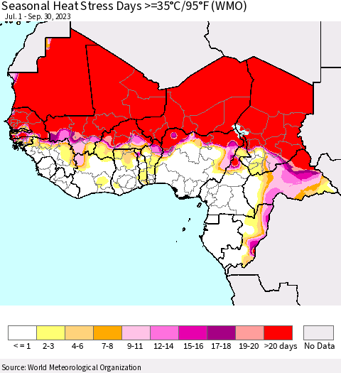 Western Africa Seasonal Heat Stress Days >=35°C/95°F (WMO) Thematic Map For 7/1/2023 - 9/30/2023