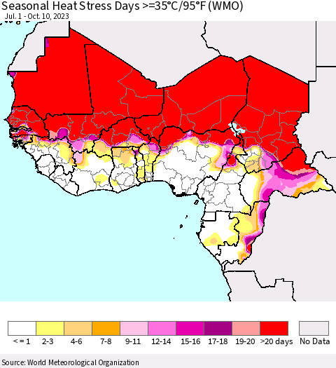 Western Africa Seasonal Heat Stress Days >=35°C/95°F (WMO) Thematic Map For 7/1/2023 - 10/10/2023