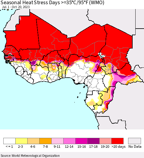 Western Africa Seasonal Heat Stress Days >=35°C/95°F (WMO) Thematic Map For 7/1/2023 - 10/20/2023