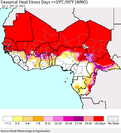 Western Africa Seasonal Heat Stress Days >=35°C/95°F (WMO) Thematic Map For 7/1/2023 - 10/31/2023