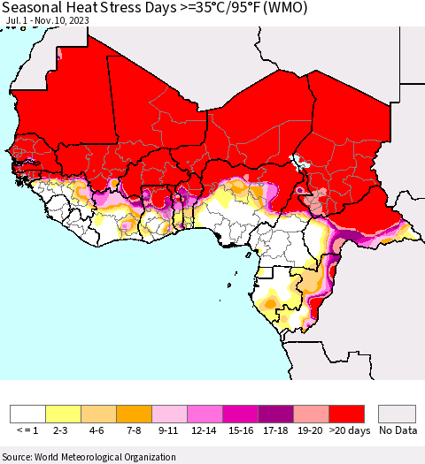 Western Africa Seasonal Heat Stress Days >=35°C/95°F (WMO) Thematic Map For 7/1/2023 - 11/10/2023