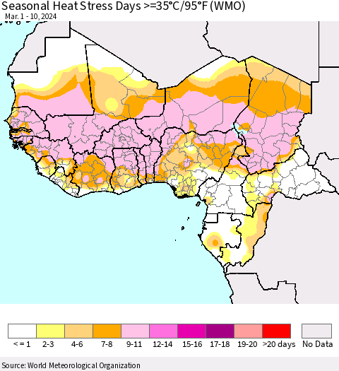 Western Africa Seasonal Heat Stress Days >=35°C/95°F (WMO) Thematic Map For 3/1/2024 - 3/10/2024