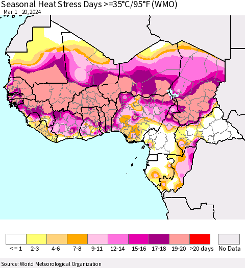 Western Africa Seasonal Heat Stress Days >=35°C/95°F (WMO) Thematic Map For 3/1/2024 - 3/20/2024