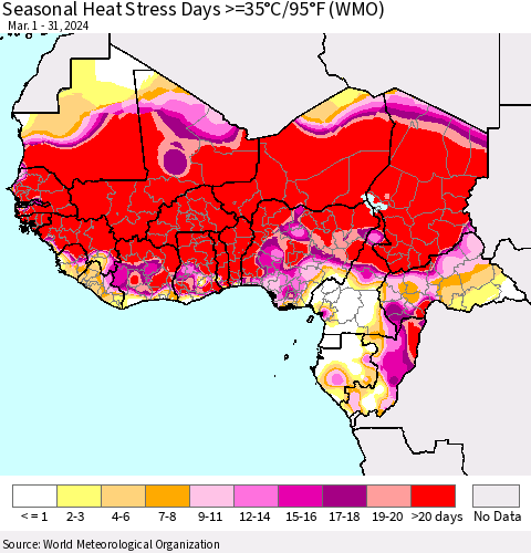 Western Africa Seasonal Heat Stress Days >=35°C/95°F (WMO) Thematic Map For 3/1/2024 - 3/31/2024