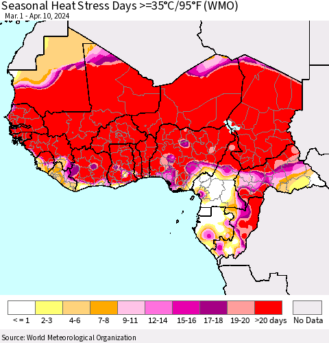 Western Africa Seasonal Heat Stress Days >=35°C/95°F (WMO) Thematic Map For 3/1/2024 - 4/10/2024