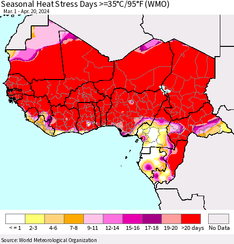 Western Africa Seasonal Heat Stress Days >=35°C/95°F (WMO) Thematic Map For 3/1/2024 - 4/20/2024