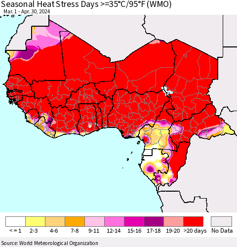 Western Africa Seasonal Heat Stress Days >=35°C/95°F (WMO) Thematic Map For 3/1/2024 - 4/30/2024