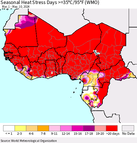 Western Africa Seasonal Heat Stress Days >=35°C/95°F (WMO) Thematic Map For 3/1/2024 - 5/10/2024
