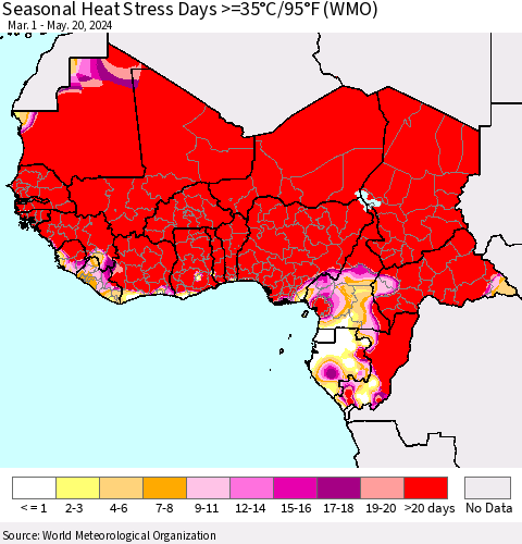 Western Africa Seasonal Heat Stress Days >=35°C/95°F (WMO) Thematic Map For 3/1/2024 - 5/20/2024