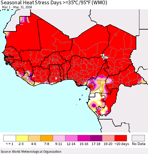 Western Africa Seasonal Heat Stress Days >=35°C/95°F (WMO) Thematic Map For 3/1/2024 - 5/31/2024