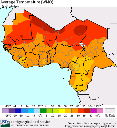 Western Africa Average Temperature (WMO) Thematic Map For 7/5/2021 - 7/11/2021