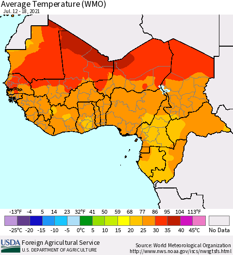 Western Africa Average Temperature (WMO) Thematic Map For 7/12/2021 - 7/18/2021