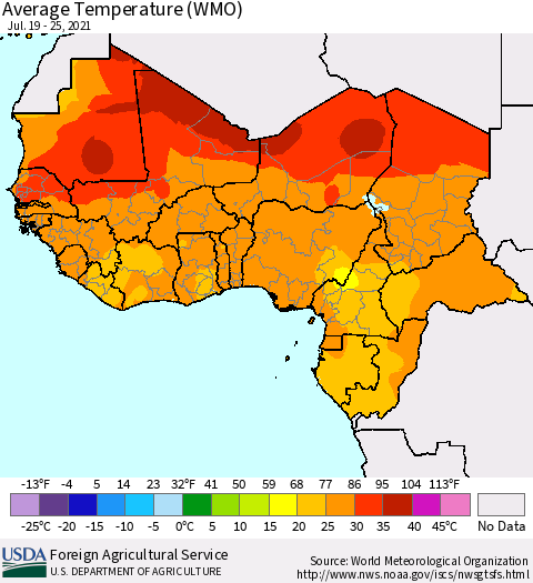 Western Africa Average Temperature (WMO) Thematic Map For 7/19/2021 - 7/25/2021