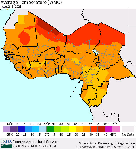 Western Africa Average Temperature (WMO) Thematic Map For 8/2/2021 - 8/8/2021