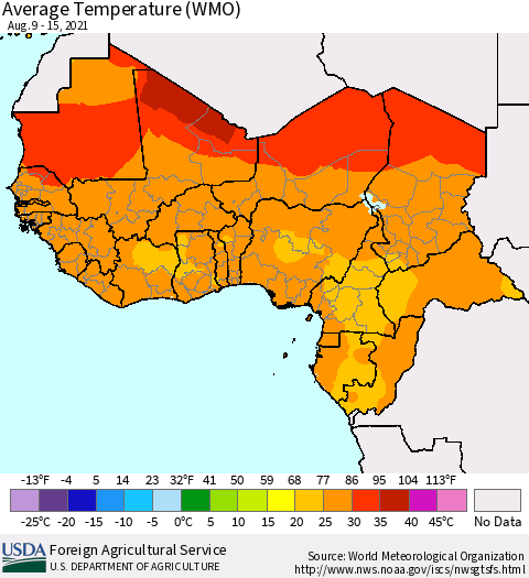 Western Africa Average Temperature (WMO) Thematic Map For 8/9/2021 - 8/15/2021