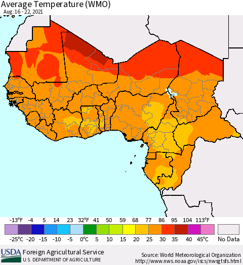 Western Africa Average Temperature (WMO) Thematic Map For 8/16/2021 - 8/22/2021