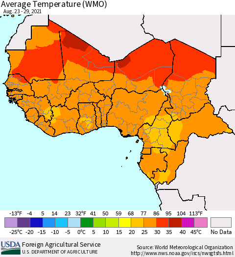 Western Africa Average Temperature (WMO) Thematic Map For 8/23/2021 - 8/29/2021