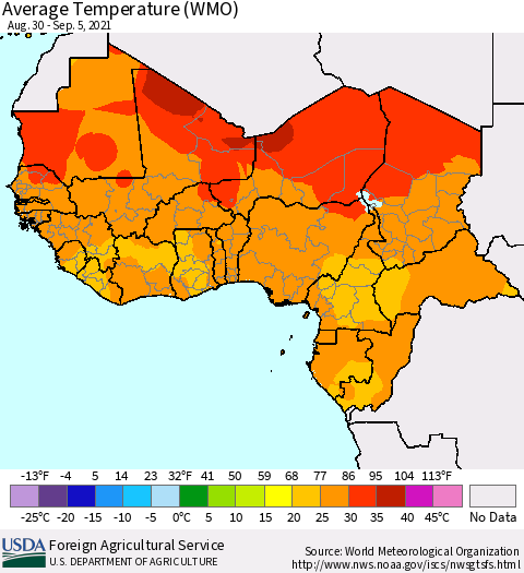 Western Africa Average Temperature (WMO) Thematic Map For 8/30/2021 - 9/5/2021