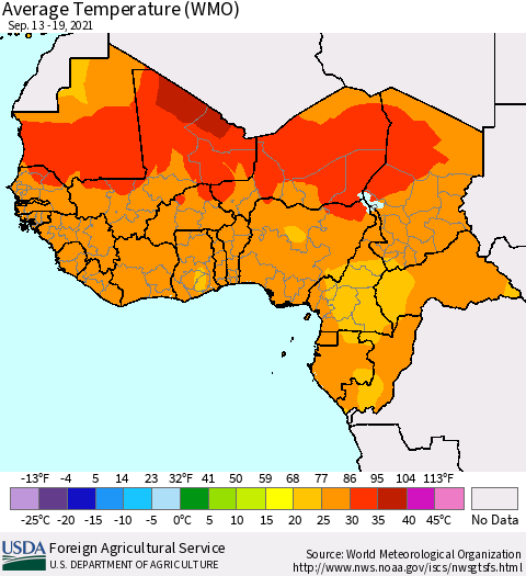 Western Africa Average Temperature (WMO) Thematic Map For 9/13/2021 - 9/19/2021