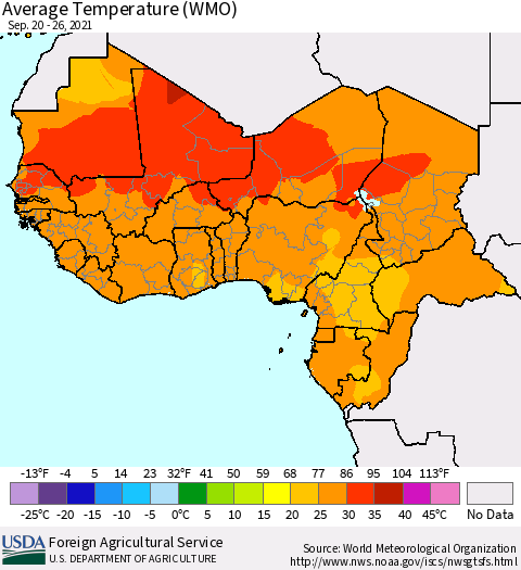 Western Africa Average Temperature (WMO) Thematic Map For 9/20/2021 - 9/26/2021