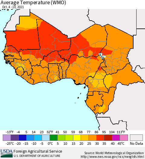 Western Africa Average Temperature (WMO) Thematic Map For 10/4/2021 - 10/10/2021