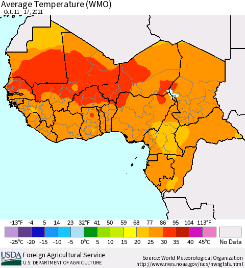 Western Africa Average Temperature (WMO) Thematic Map For 10/11/2021 - 10/17/2021
