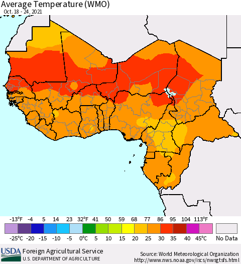 Western Africa Average Temperature (WMO) Thematic Map For 10/18/2021 - 10/24/2021