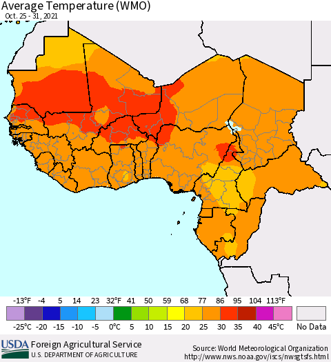 Western Africa Average Temperature (WMO) Thematic Map For 10/25/2021 - 10/31/2021