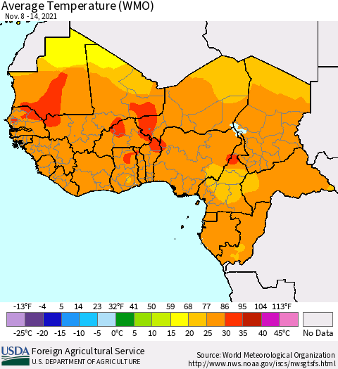 Western Africa Average Temperature (WMO) Thematic Map For 11/8/2021 - 11/14/2021