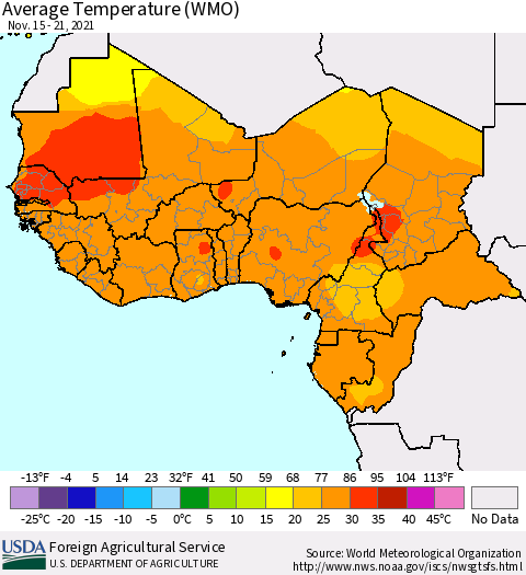 Western Africa Average Temperature (WMO) Thematic Map For 11/15/2021 - 11/21/2021