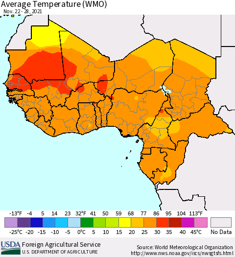 Western Africa Average Temperature (WMO) Thematic Map For 11/22/2021 - 11/28/2021