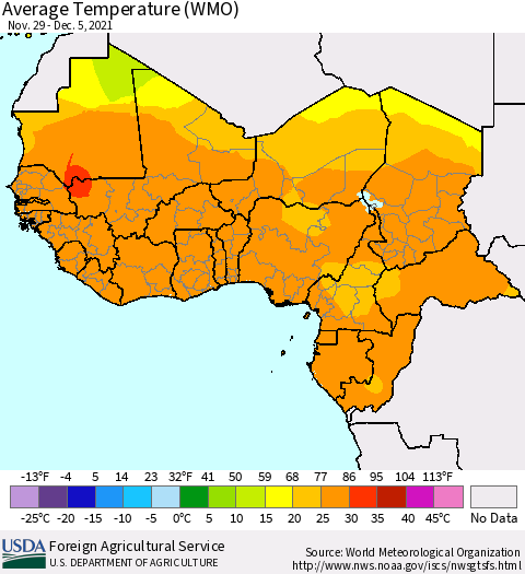 Western Africa Average Temperature (WMO) Thematic Map For 11/29/2021 - 12/5/2021