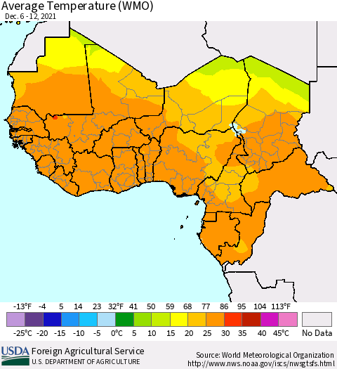 Western Africa Average Temperature (WMO) Thematic Map For 12/6/2021 - 12/12/2021