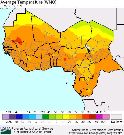 Western Africa Average Temperature (WMO) Thematic Map For 12/13/2021 - 12/19/2021