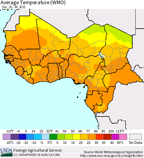 Western Africa Average Temperature (WMO) Thematic Map For 12/20/2021 - 12/26/2021