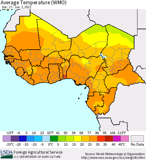 Western Africa Average Temperature (WMO) Thematic Map For 12/27/2021 - 1/2/2022