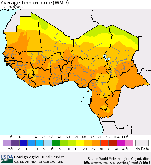 Western Africa Average Temperature (WMO) Thematic Map For 1/3/2022 - 1/9/2022