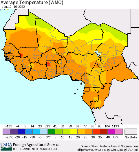 Western Africa Average Temperature (WMO) Thematic Map For 1/10/2022 - 1/16/2022