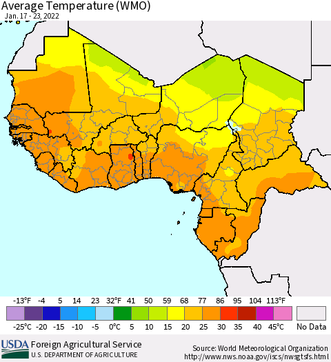 Western Africa Average Temperature (WMO) Thematic Map For 1/17/2022 - 1/23/2022