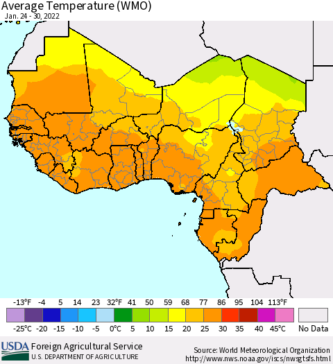 Western Africa Average Temperature (WMO) Thematic Map For 1/24/2022 - 1/30/2022