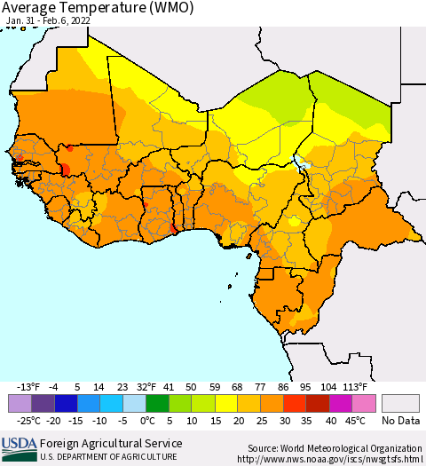 Western Africa Average Temperature (WMO) Thematic Map For 1/31/2022 - 2/6/2022