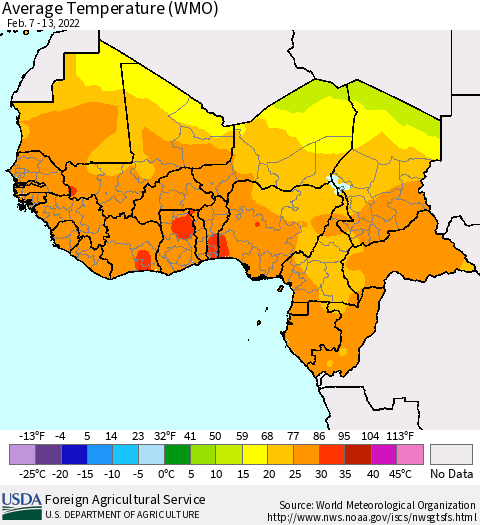 Western Africa Average Temperature (WMO) Thematic Map For 2/7/2022 - 2/13/2022