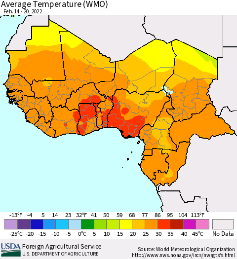 Western Africa Average Temperature (WMO) Thematic Map For 2/14/2022 - 2/20/2022
