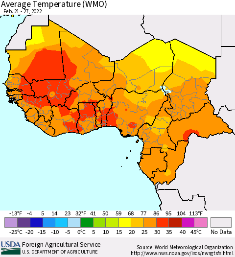 Western Africa Average Temperature (WMO) Thematic Map For 2/21/2022 - 2/27/2022